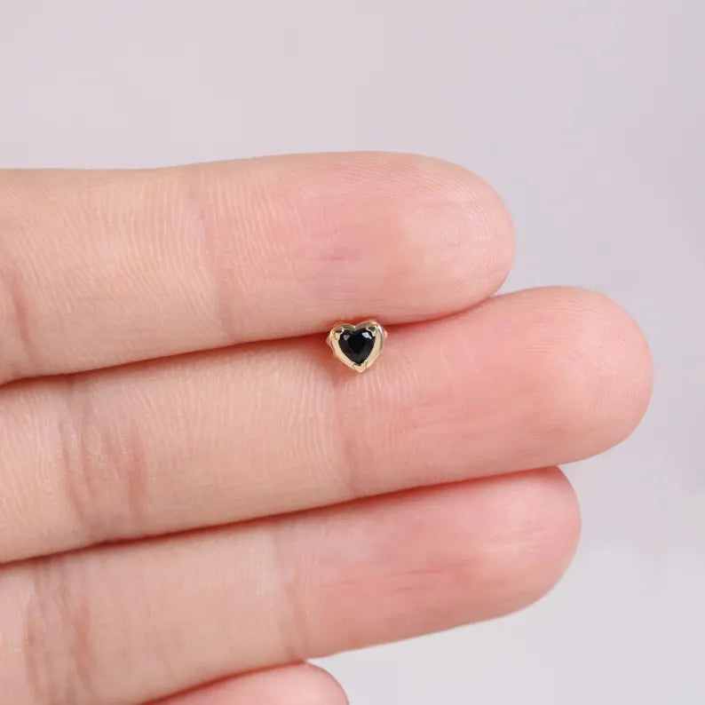 14K Gold Black Heart Cartilage Flat Back Earring