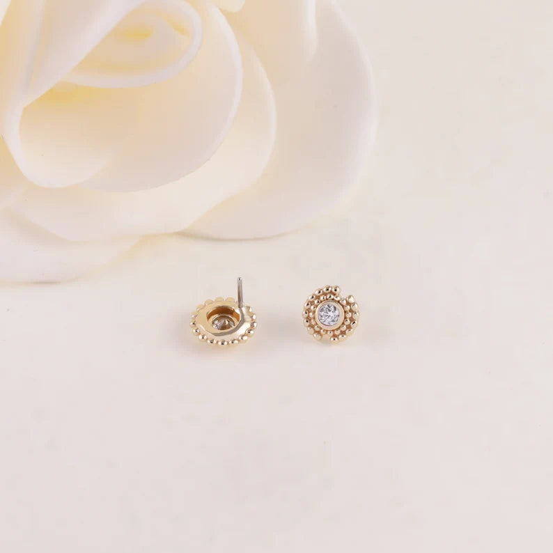 14K Solid Gold Sun Beaded Stud