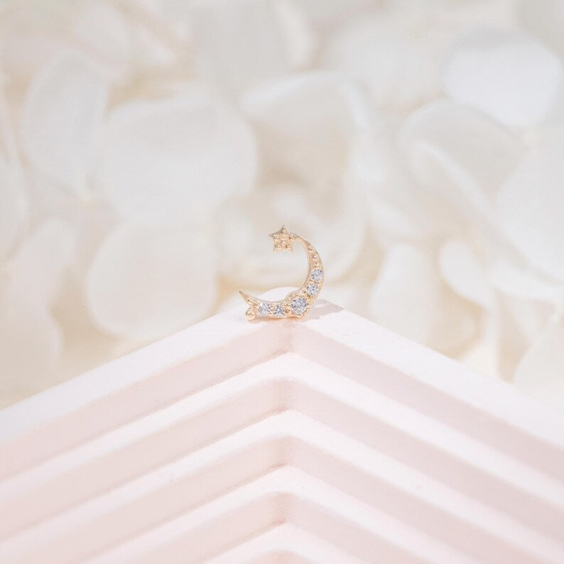 14k Gold Moon Star Helix Tragus Conch Stud