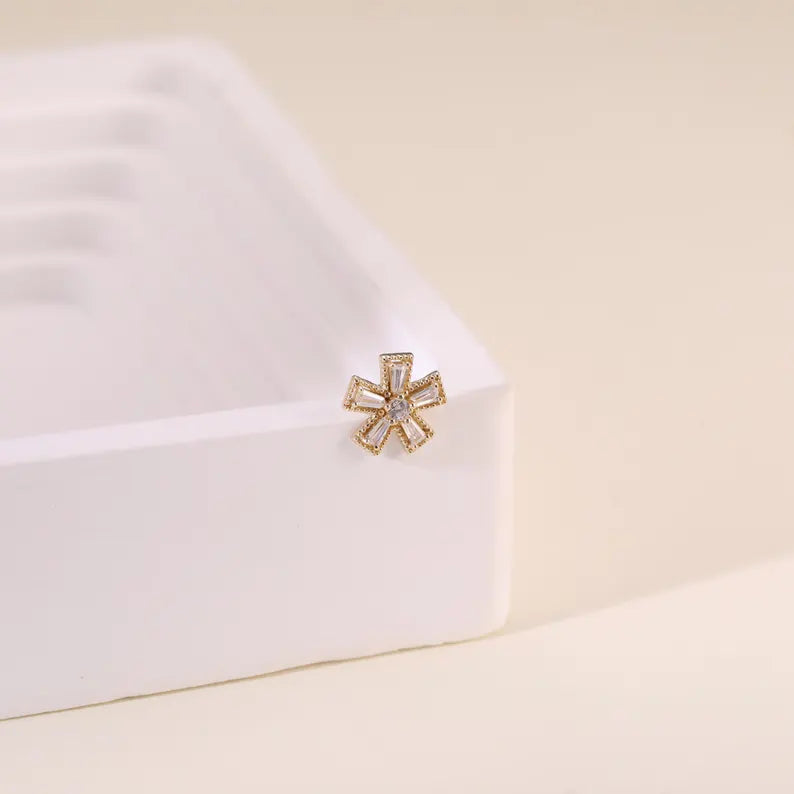 14K Solid Gold Snowflake Flower Cartilage Helix Tragus Stud