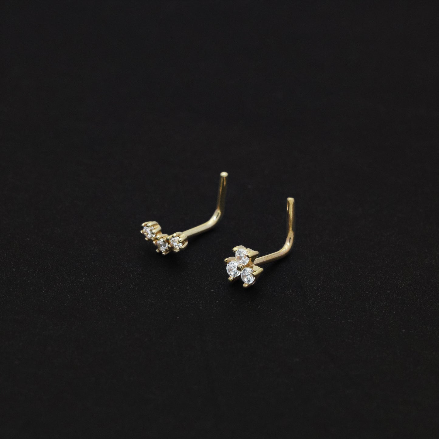 14K Solid Gold Three Stone L-Shape Nose Stud 20g