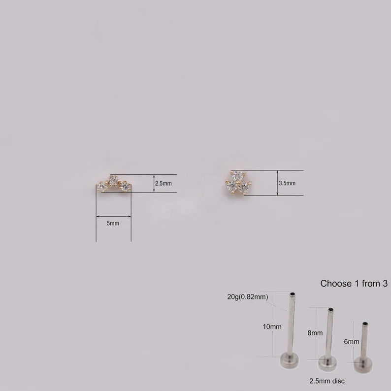 14K Gold Three Stone Cartilage Stud