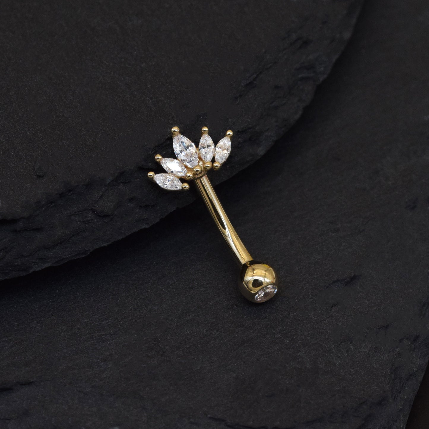 14K Solid Gold Cubic Zirconia Crown Belly Ring Tiara Navel Piercing 14G