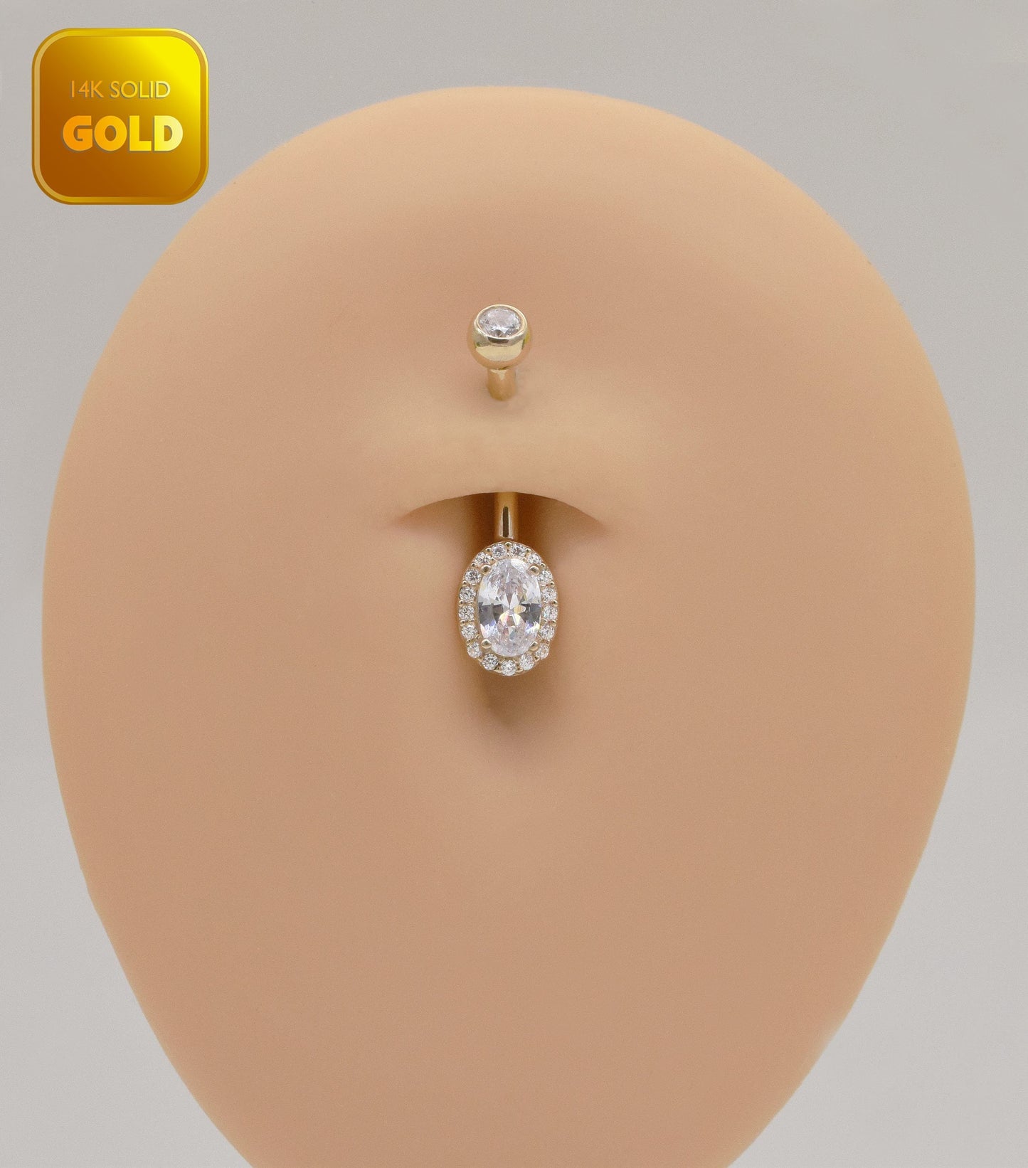 14K Solid Gold Diamond Belly Button Ring 14g Oval Navel Piercing 14g