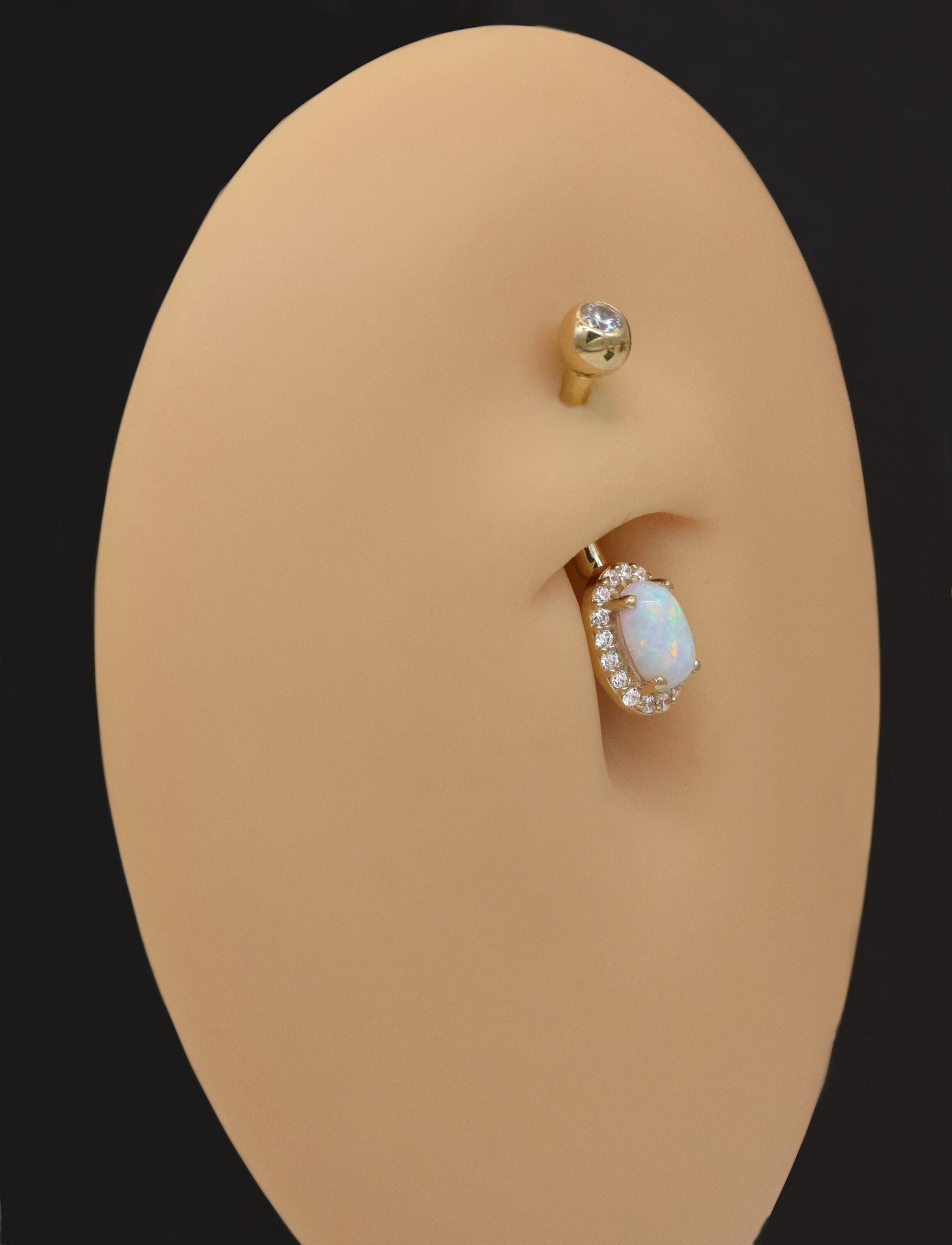 14K Solid Gold Oval Opal Belly Button Ring with Diamond Barbell 14g