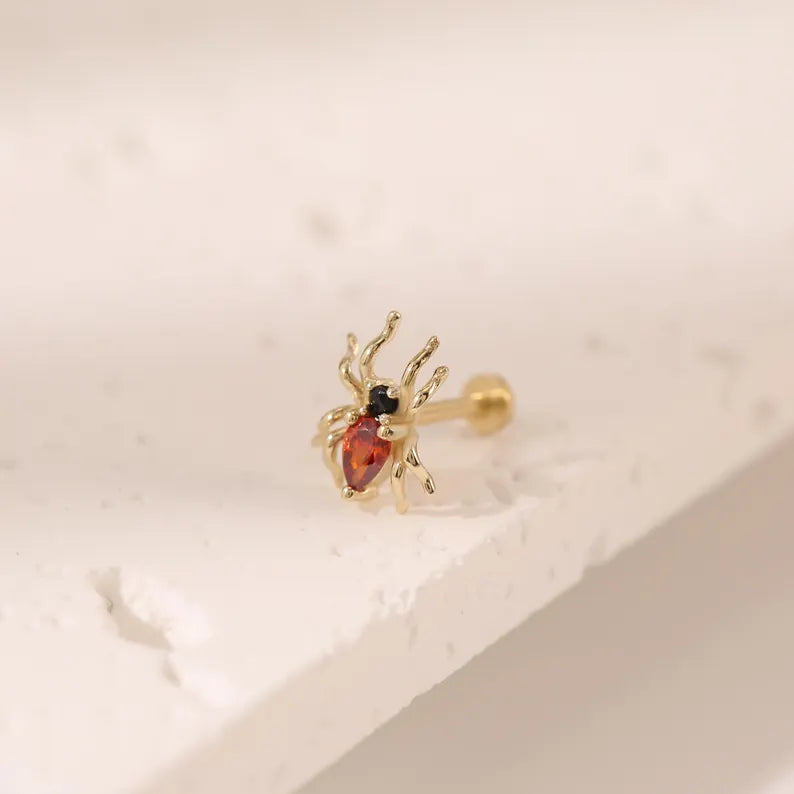14K Solid Gold Red Spider Stud Earring for Cartilage
