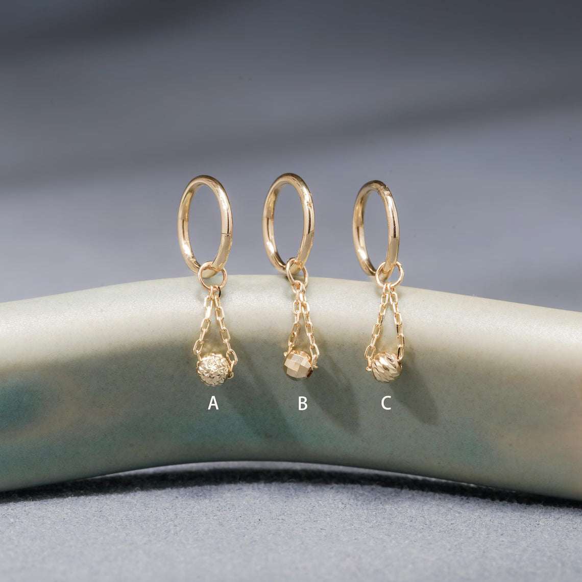 14K Gold Dangle Ball Hoop Earring