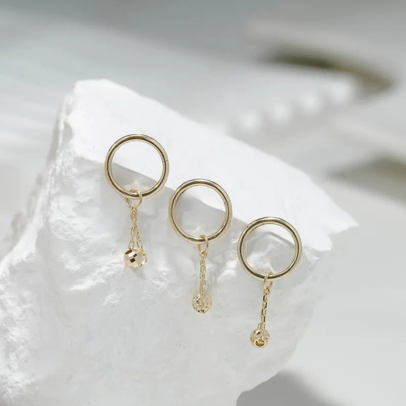 14K Gold Dangle Ball Hoop Earring