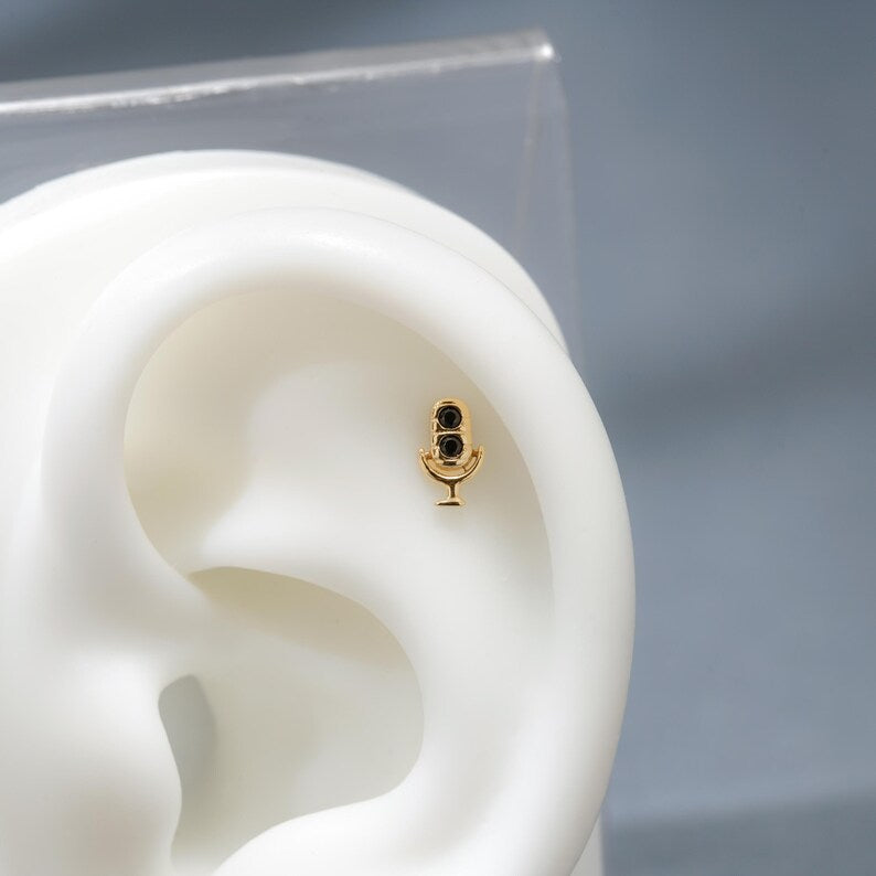 14K Gold Tiny Microphone Flat Back Earring