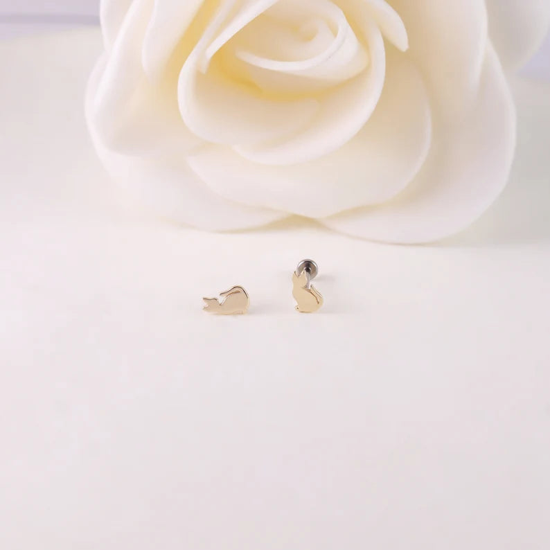 14K Solid Gold Cat Stud Earrings