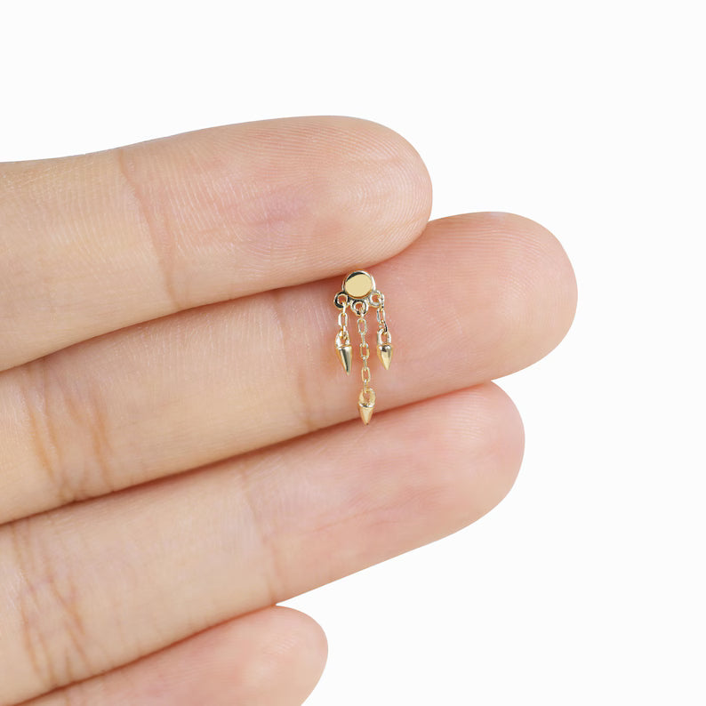 14K Gold Dangle Cone Triple Chain Tragus Earring