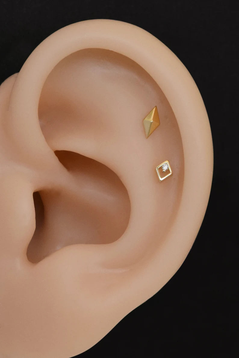 14K Solid Gold Tiny Rhombus Cartilage Stud