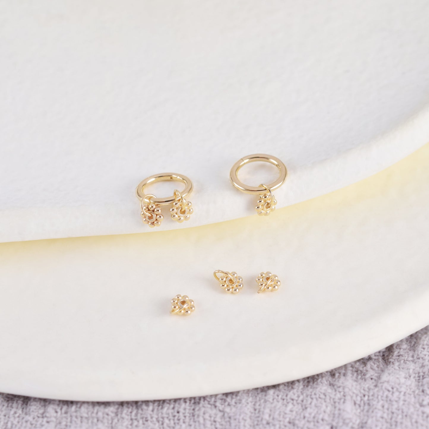 14K Solid Gold Flower Charm Earring Tiny Dot & Circle Stud for Cartilage