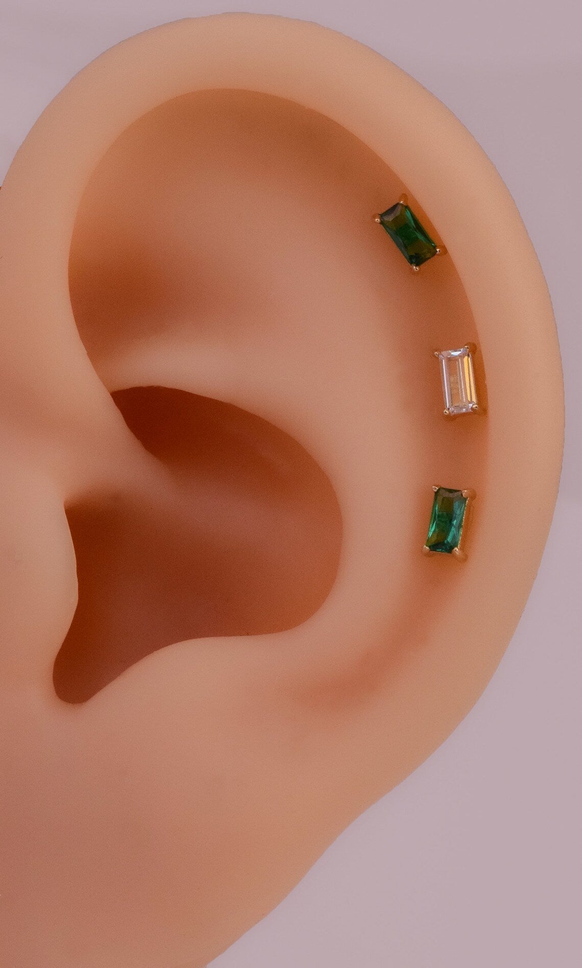 14K Gold Tiny Baguette Emerald Cartilage Stud