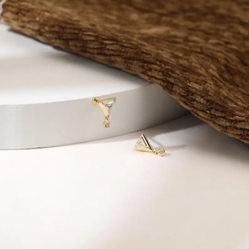 14K Gold Triangle Dangle Stud Earring