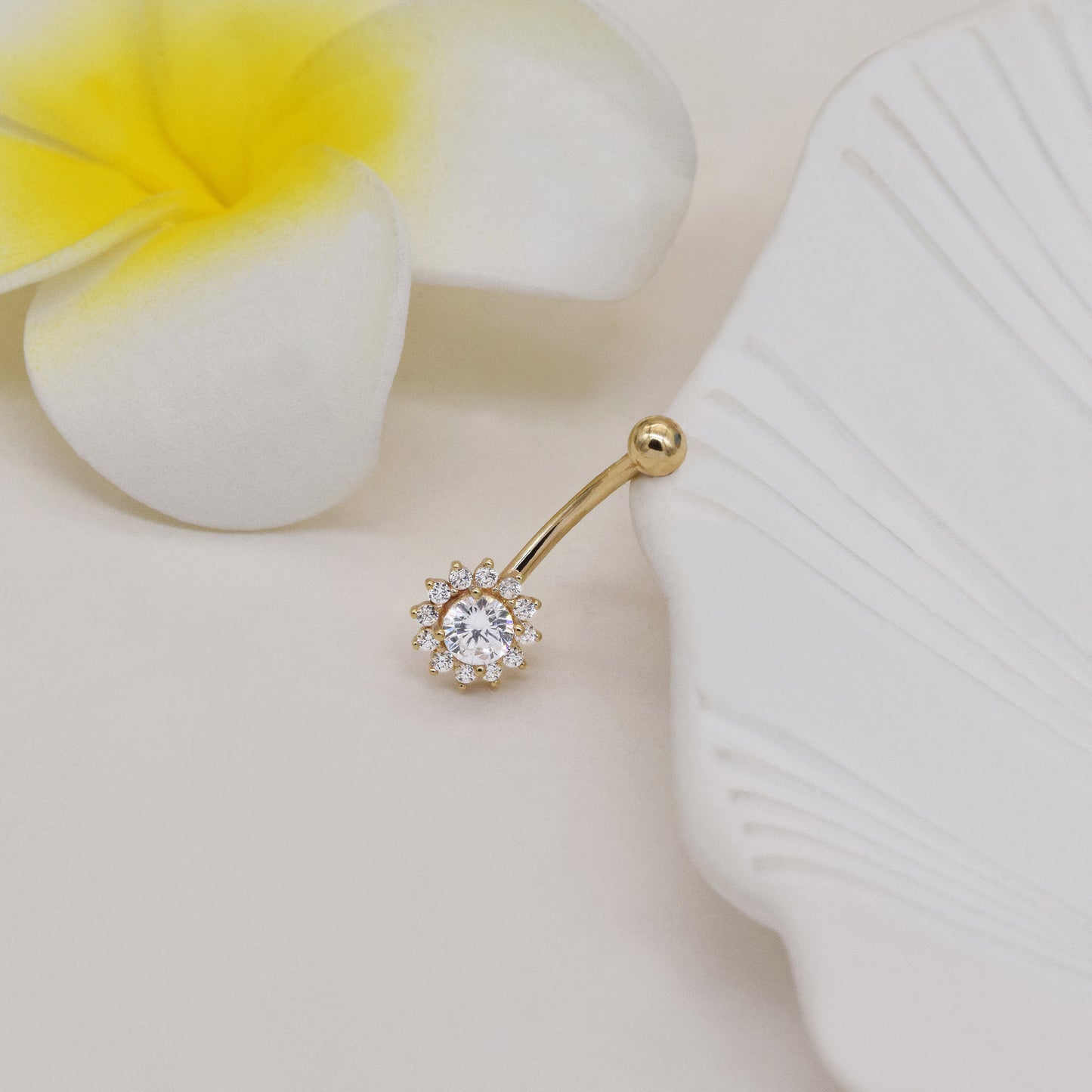 14K Solid Gold Flower Rook Curved Barbell Sunflower Belly Ring 16g