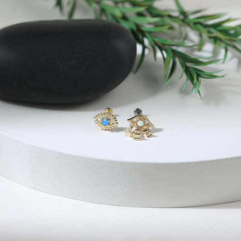 14K Gold Opal Evil Eye Stud