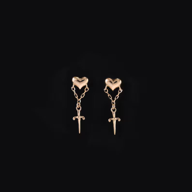 14K Gold Heart Sword Dangle Piercing Studs