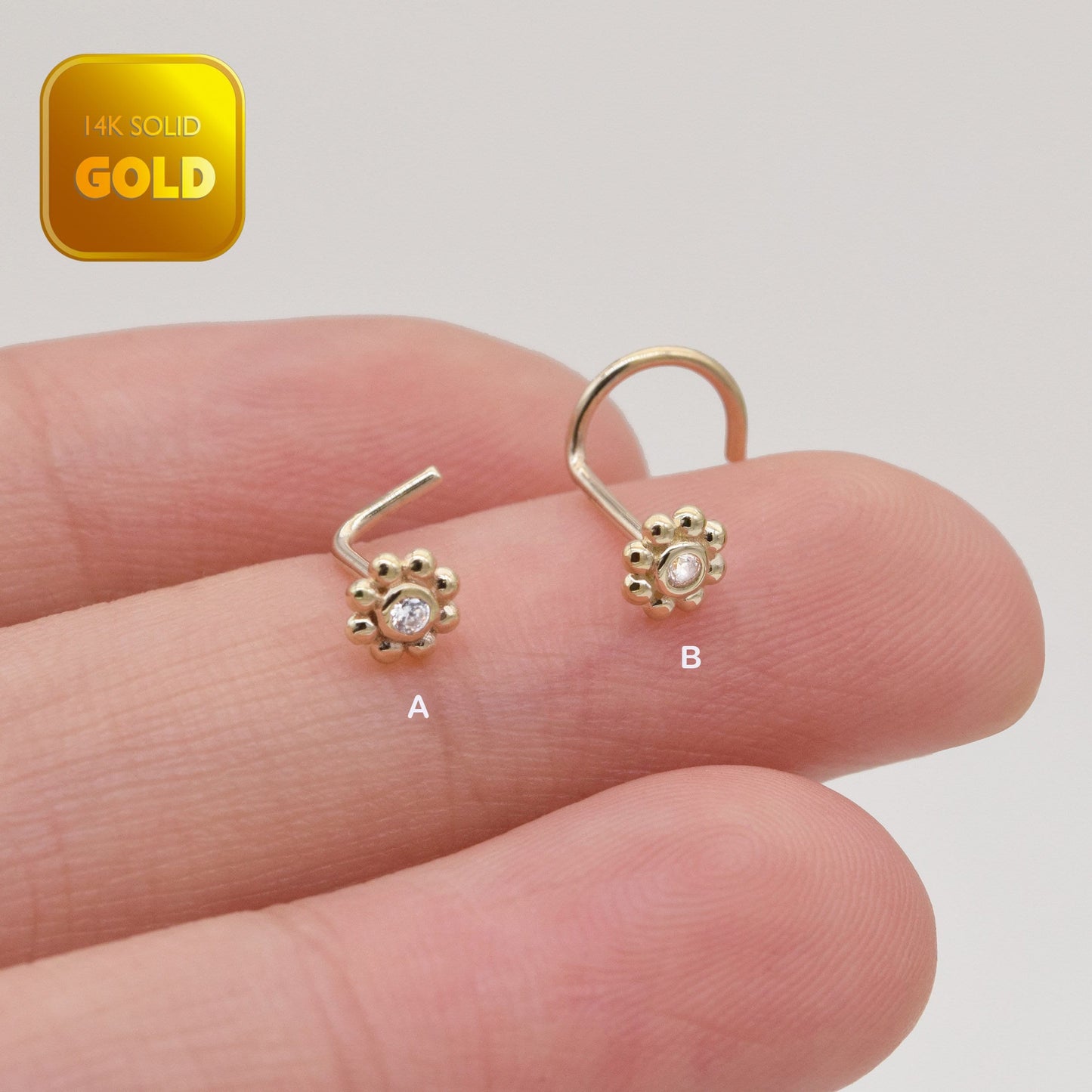 14K Solid Gold Sunflower Nose Stud L Shape 20g