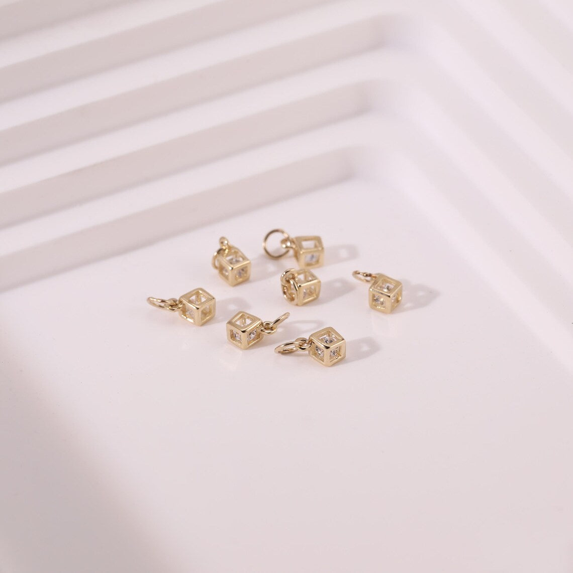 14k Solid Gold Hollow CZ Cube Charm Stud Earring