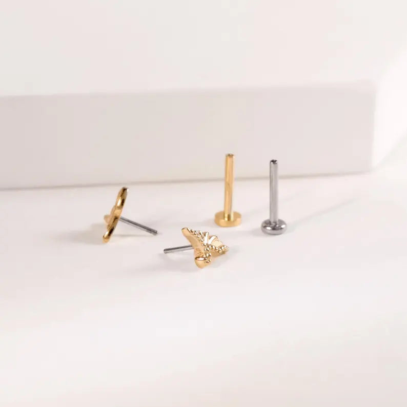14K Gold Grass Leaf Cartilage Stud Flat Back Earring