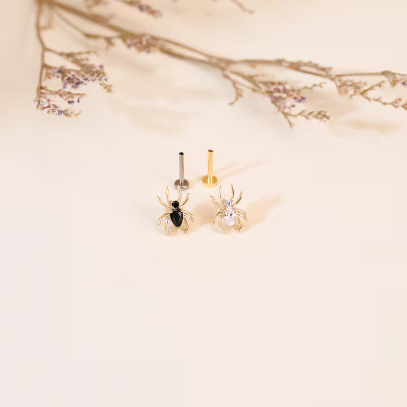 14K Gold Dainty Spider Stud Earrings