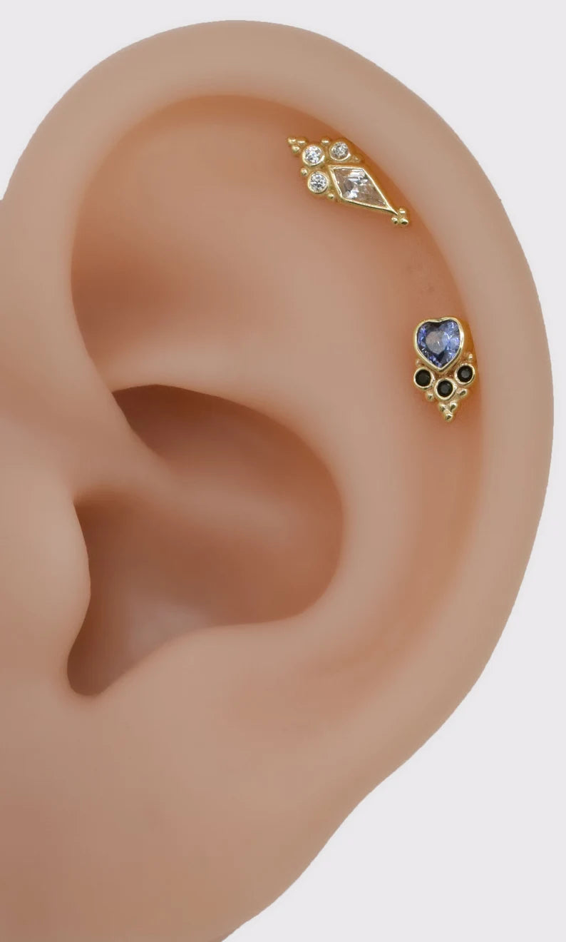 14K Gold Rhombic Tanzanite Cartilage Stud Earring – Flat Back