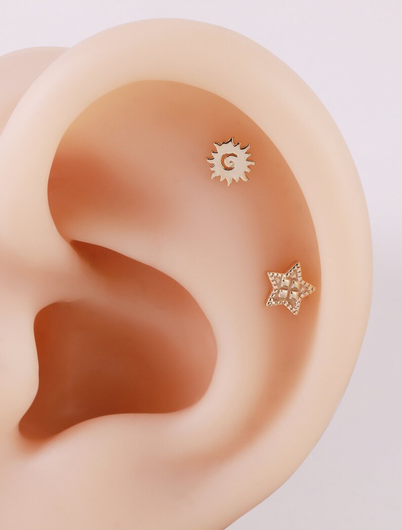 14K Solid Gold Sun & Star Stud Earring for Cartilage