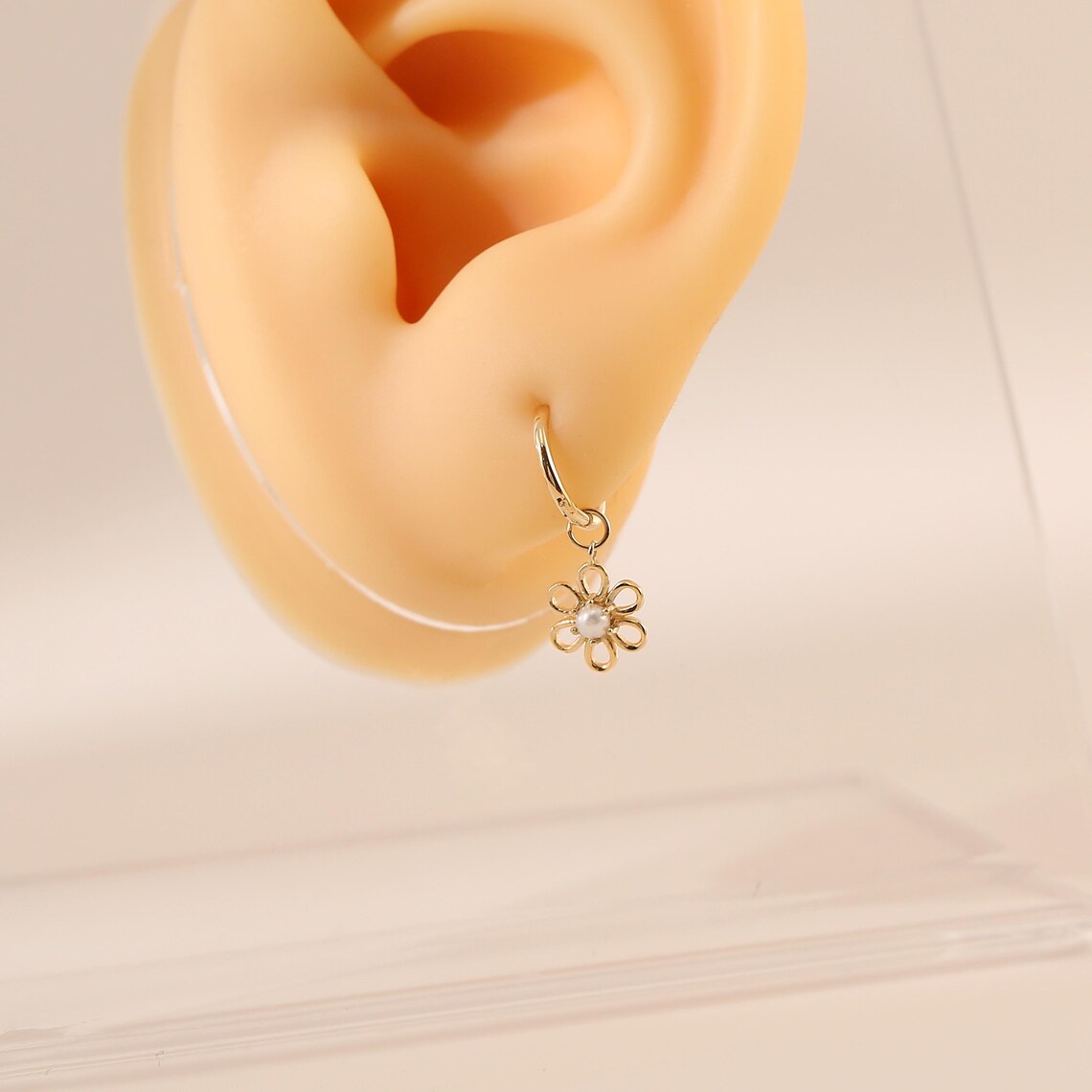 14K Solid Gold Flower Dangle Hoop Earring Charm