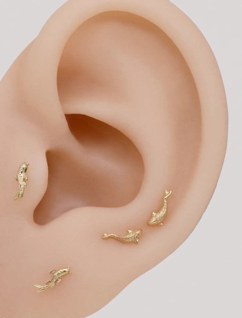 14K Solid Gold Koi Fish Stud Earring