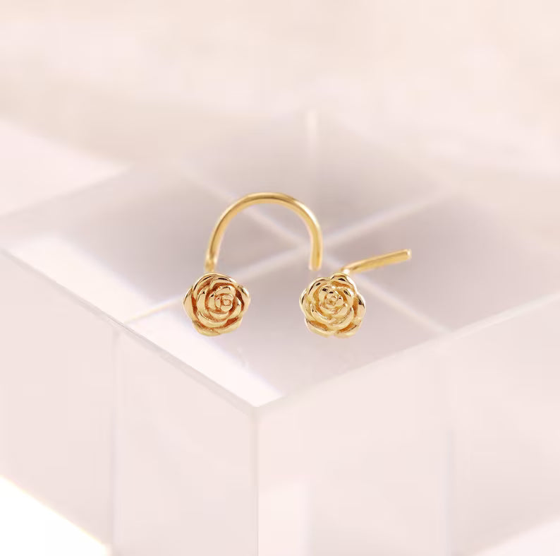 14K Solid Gold Flower Nose Stud L Shape S Shape 20g