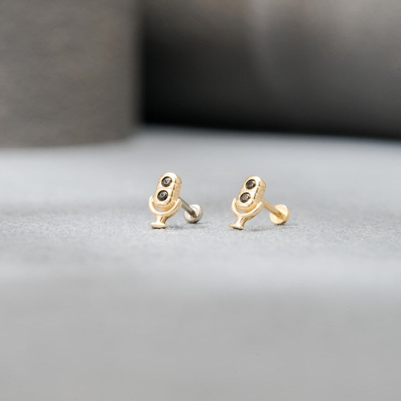 14K Gold Tiny Microphone Flat Back Earring