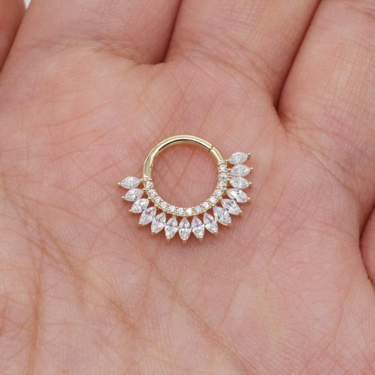 14K Solid Gold Dainty Marquise Septum Hoop Clicker Nose Piercing Ring