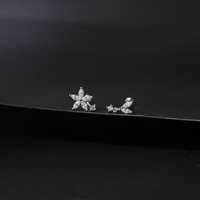 14K White Gold Flower Drop Stud