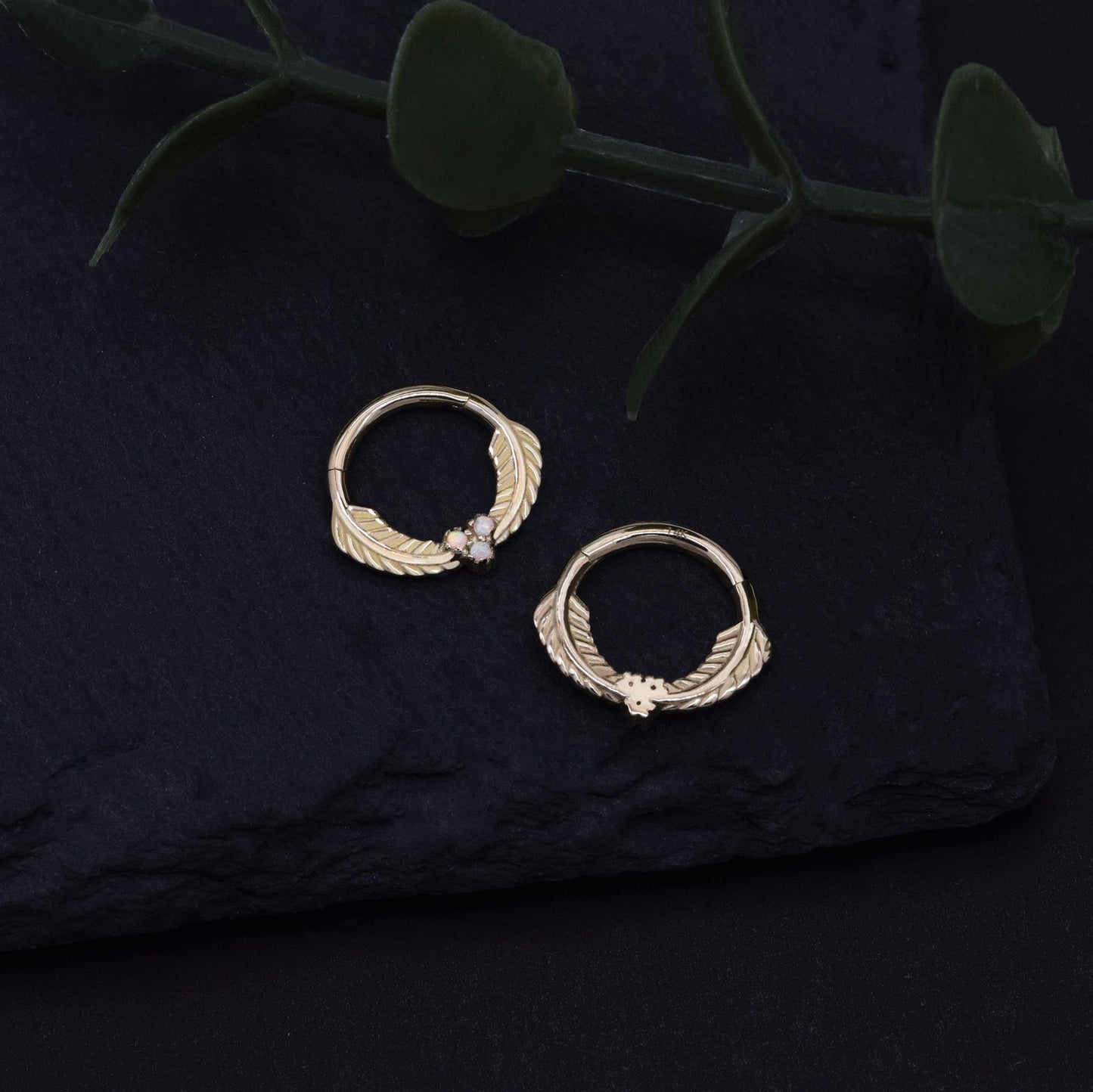 14K Solid Gold Cartilage Hoop Leaf Opal Clicker 16G