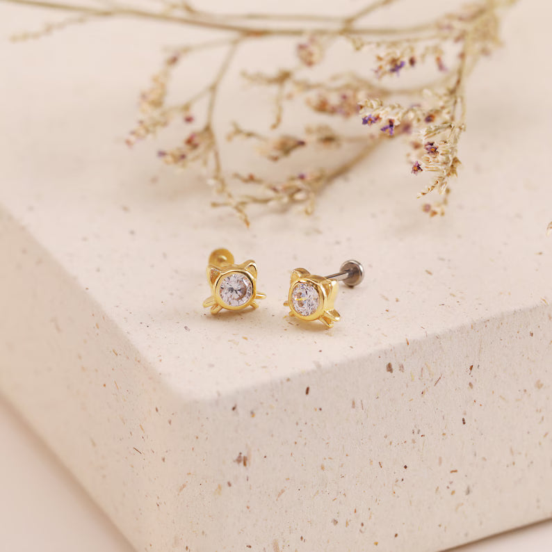 14K Gold Cat Cartilage Kitten Stud Earring