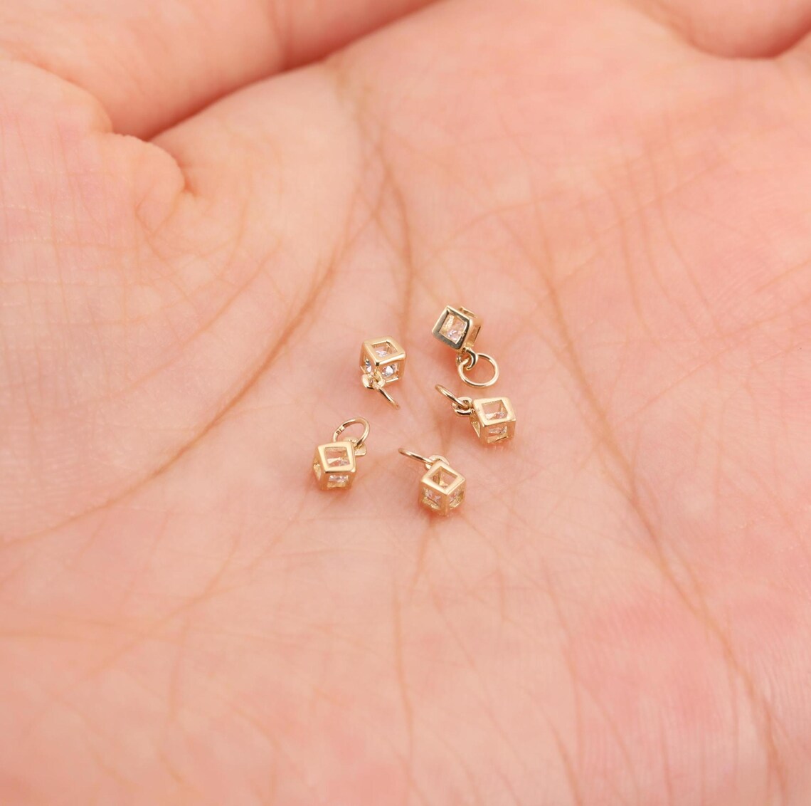 14k Solid Gold Hollow CZ Cube Charm Stud Earring