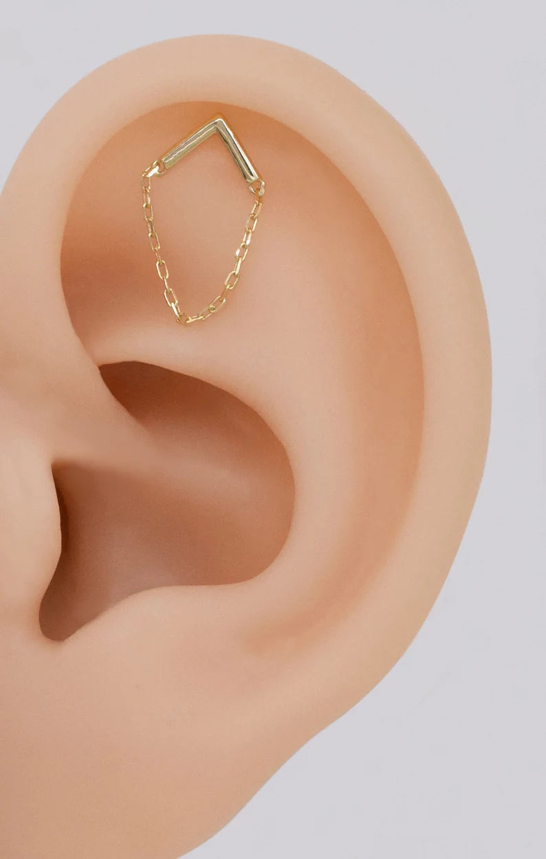 14K Solid Gold Arrow Chain Stud Earring