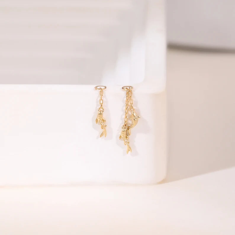 14K Gold Koi Fish Double Chain Earring Charm