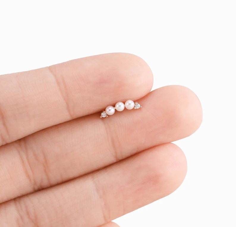 14K Solid Gold Pearl Climber Stud