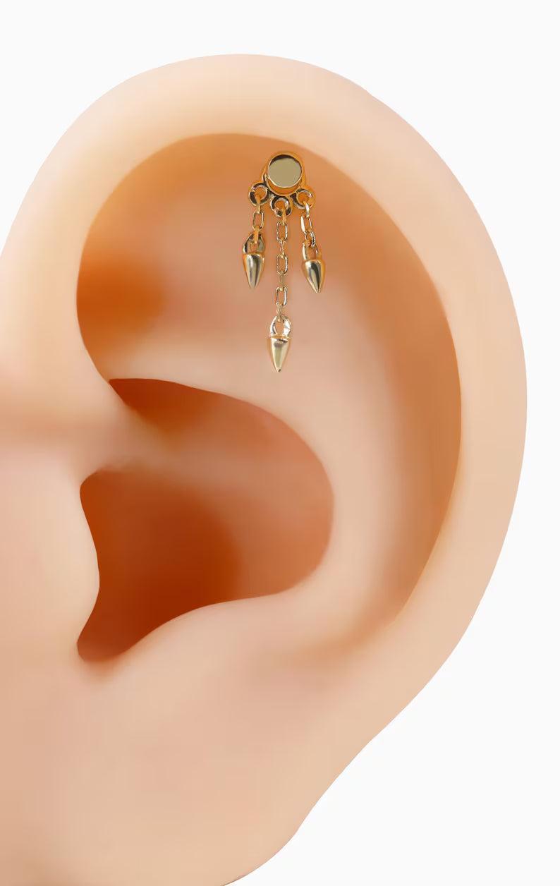 14K Gold Dangle Cone Triple Chain Tragus Earring