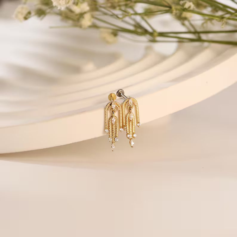 14K Gold Waterfall Chain Cartilage Earring Flat Back