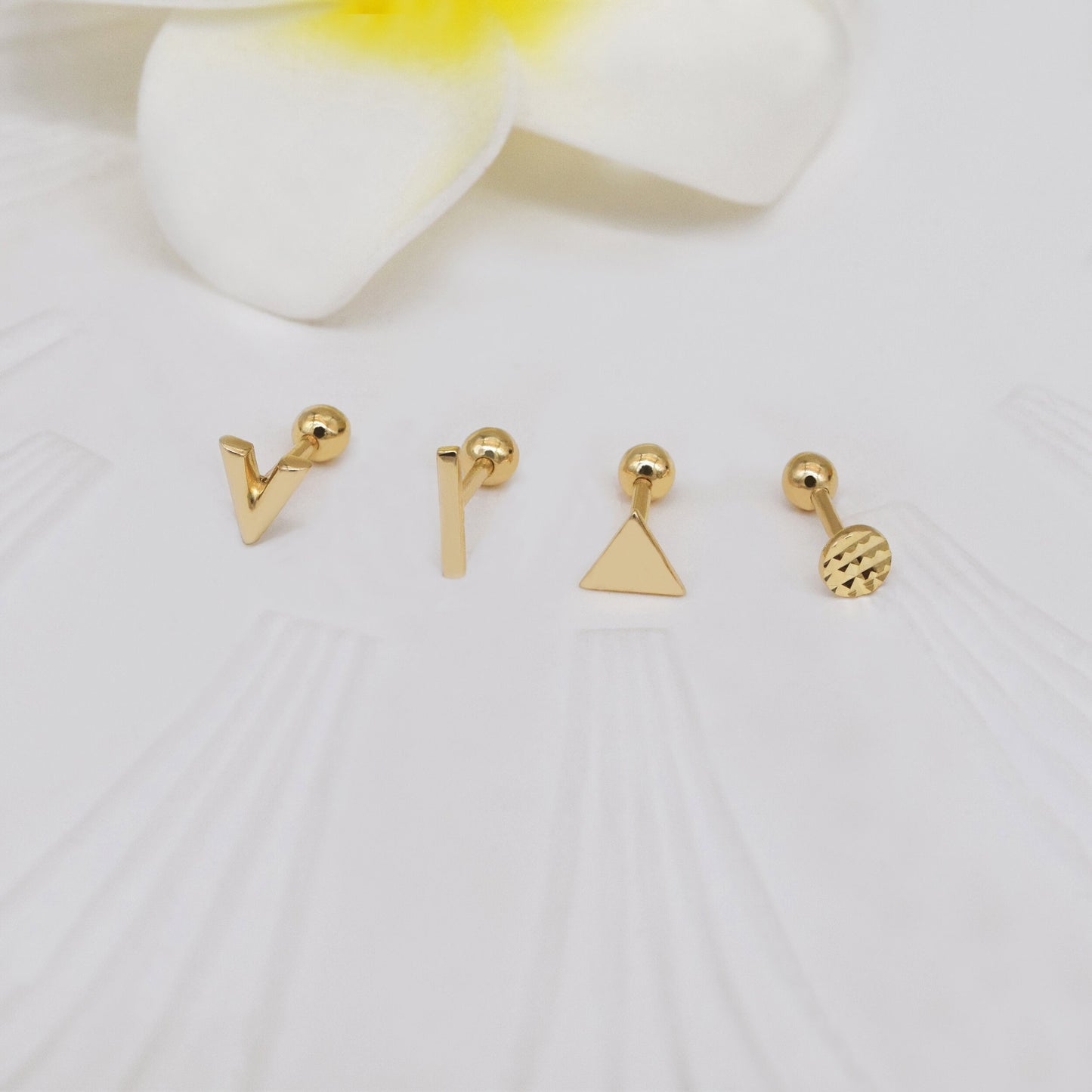 14K Solid Gold Geometric Stud Earrings V Shape Triangle Circle Dot 18g