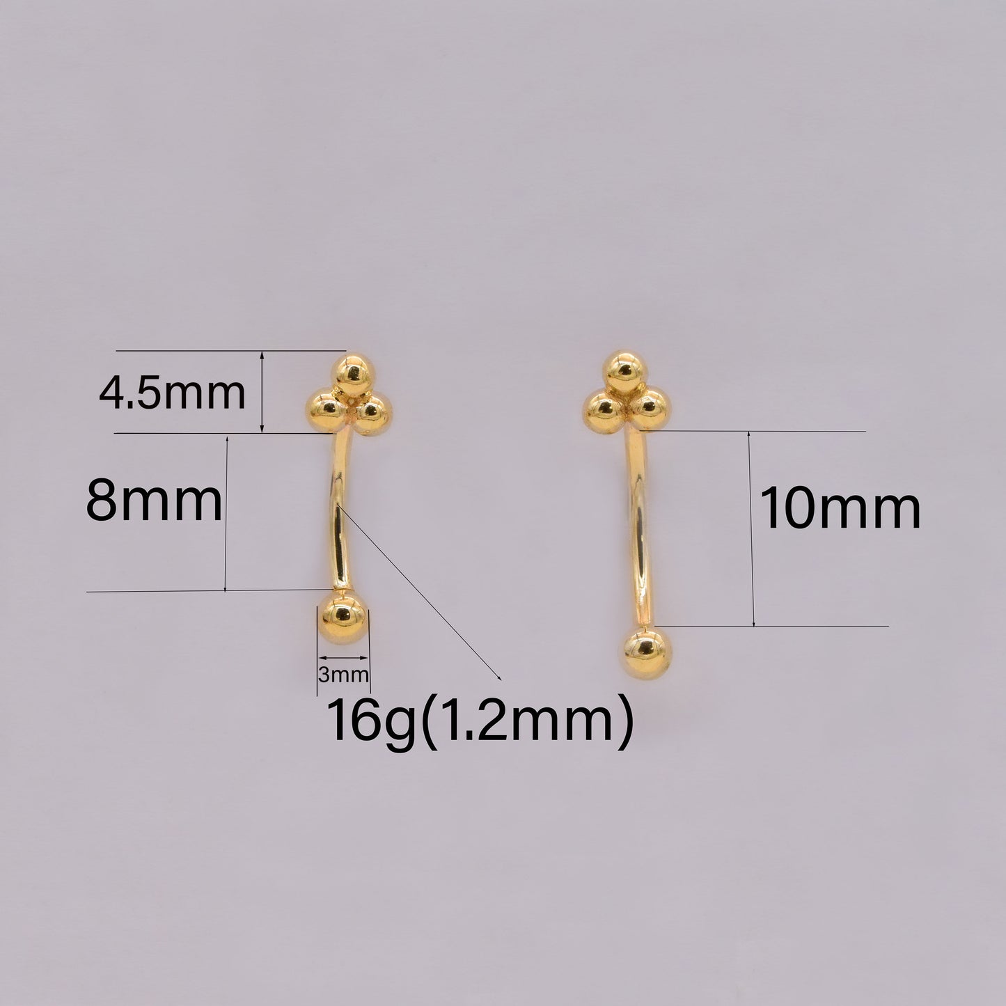 14K Solid Gold Trinity Ball Curved Barbell Earring 16G