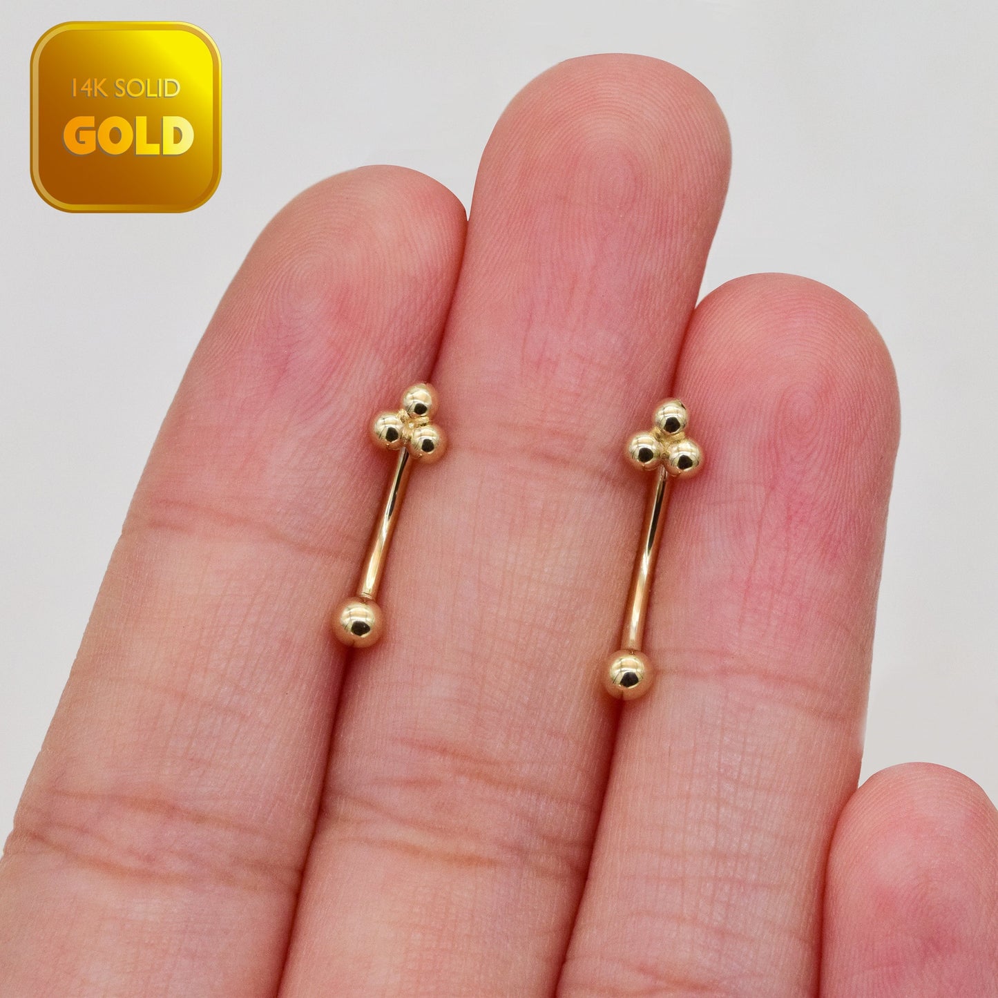 14K Solid Gold Trinity Ball Curved Barbell Earring 16G
