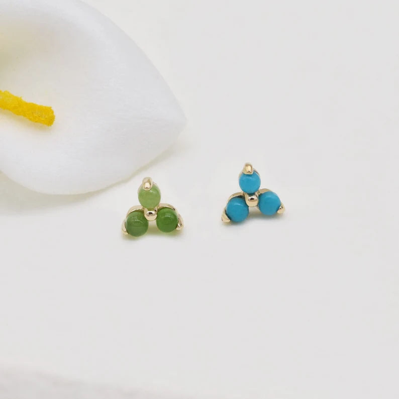 14K Solid Gold Turquoise & Jade Cartilage Stud Earring