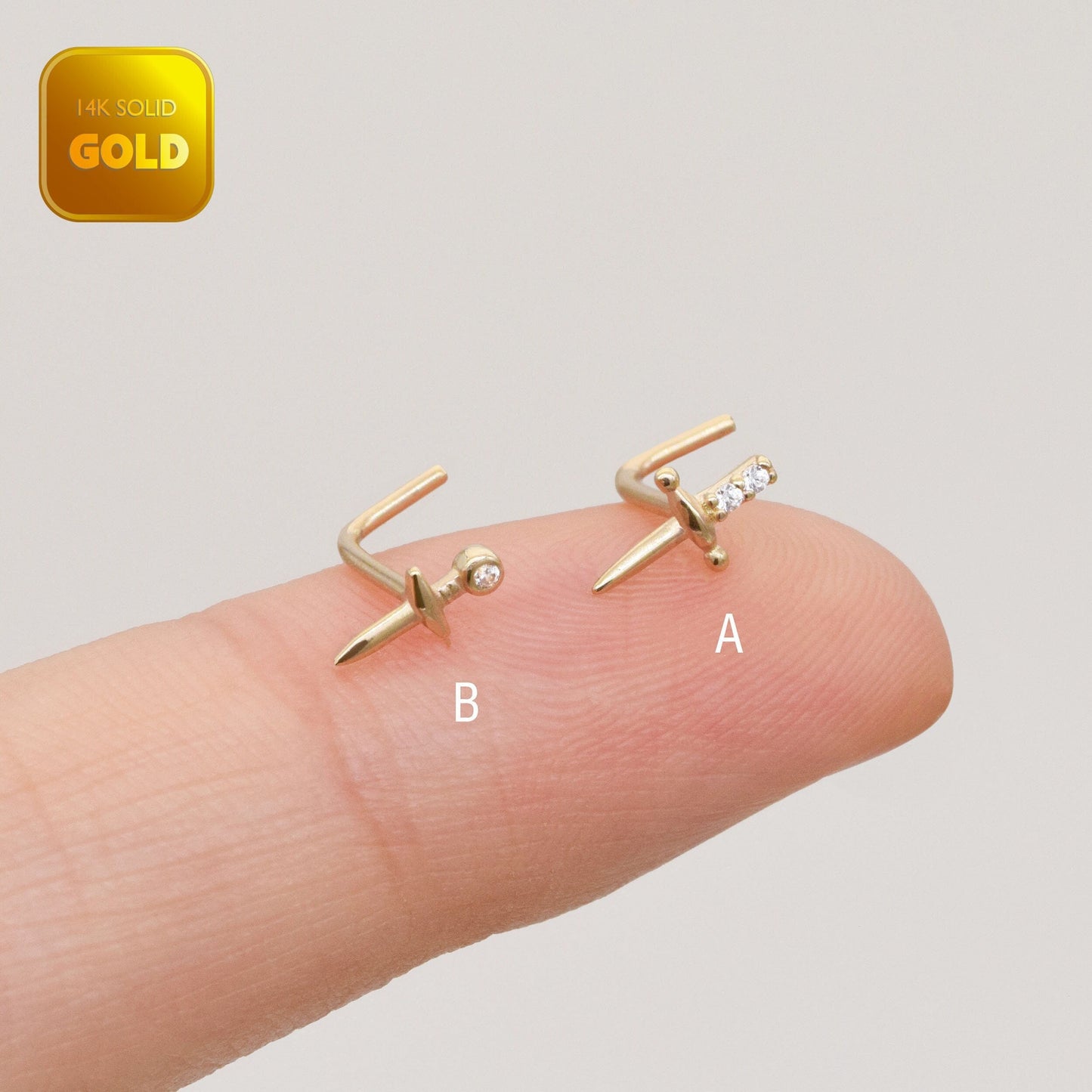 14K Solid Gold Sword Nose Stud Dagger L Shape 20g