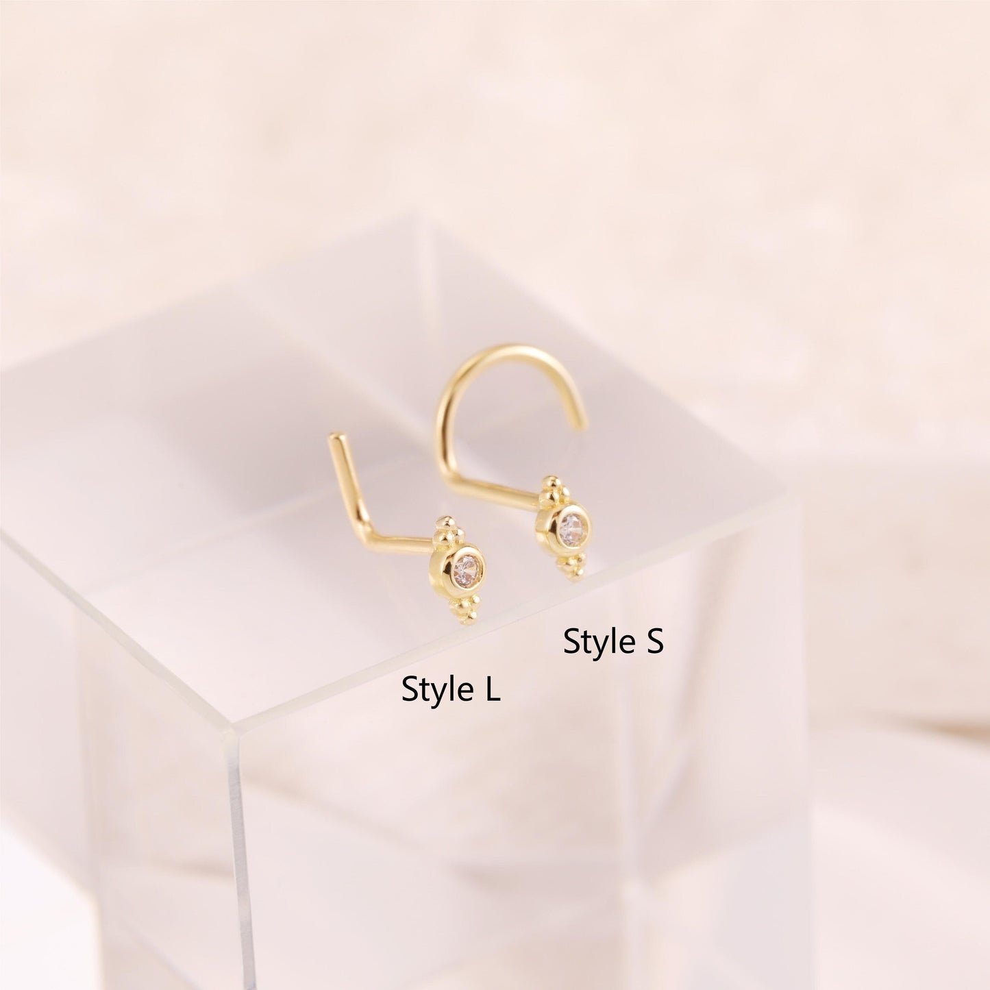 14K Solid Gold S/L Shape Beaded Nose Stud Gemstone 20g