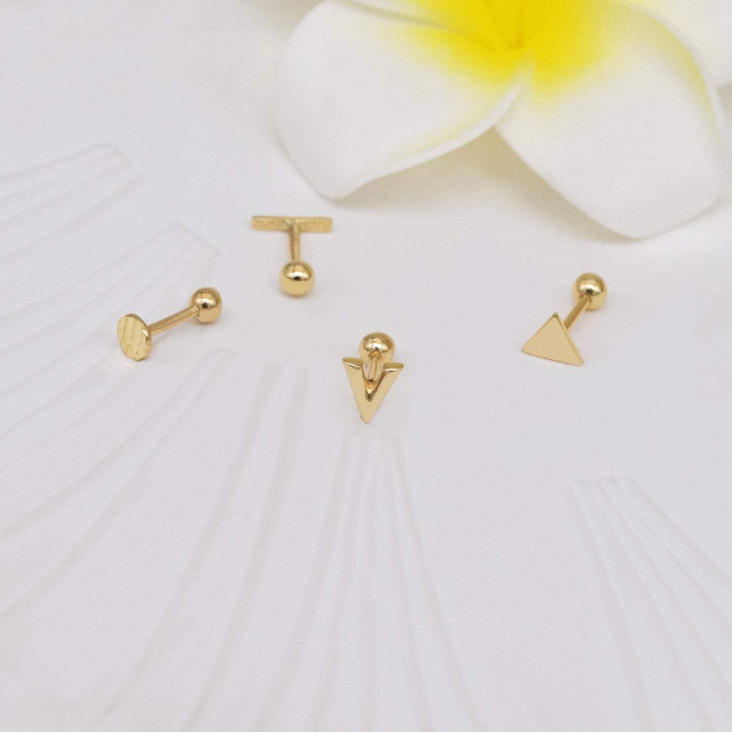 14K Solid Gold Geometric Stud Earrings V Shape Triangle Circle Dot 18g