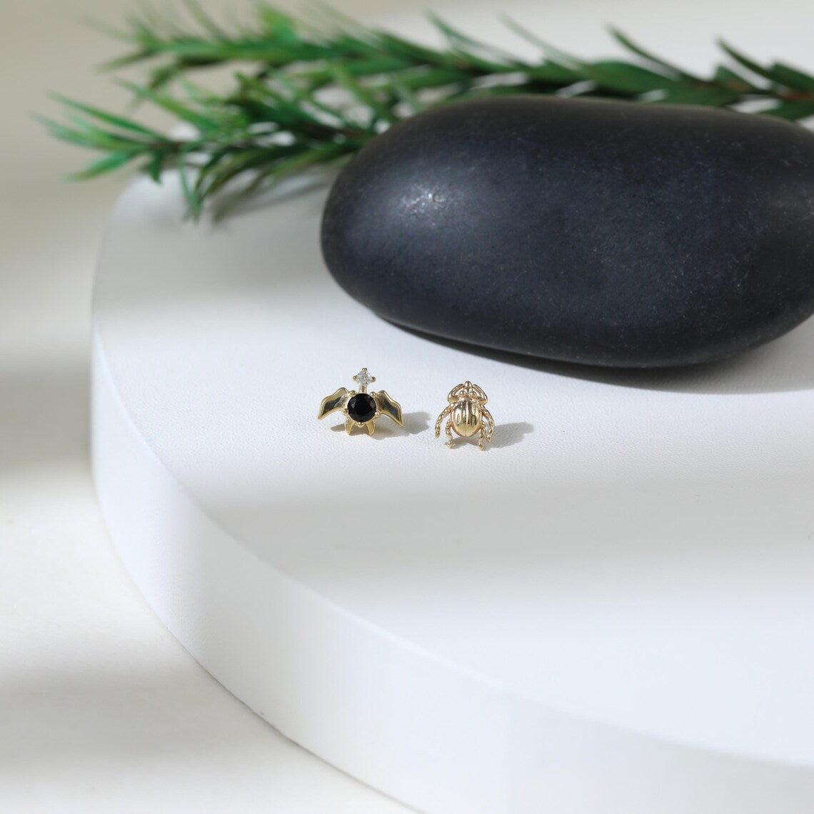 14K Gold Beetle & Bat Cartilage Earring